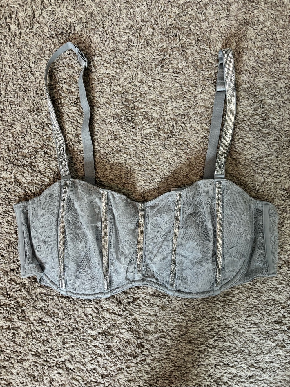 Victoria Secrete Very Sexy Lace Balconette Bra with Rhinestones Gray Blue XL
